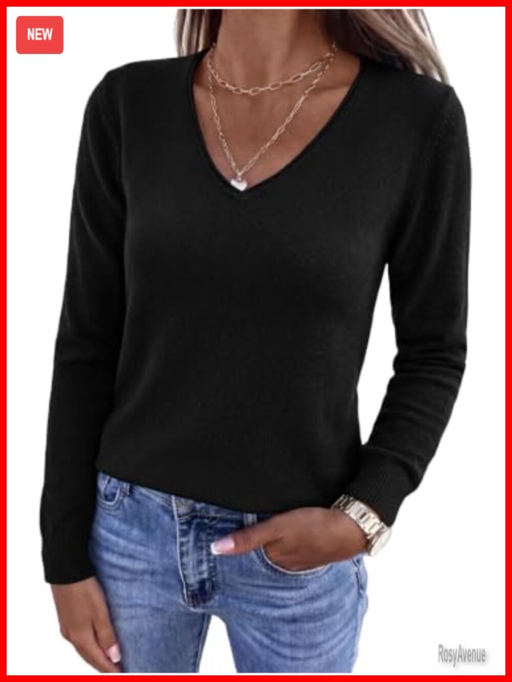Womens V Neck Long Sleeve Ribbed Knit Pullover Sweater Casual Top